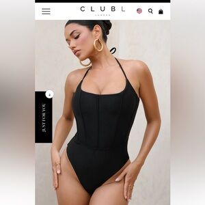 Club L London Black Corset Body Suit High Cut Zippered Back Halter Top NWT